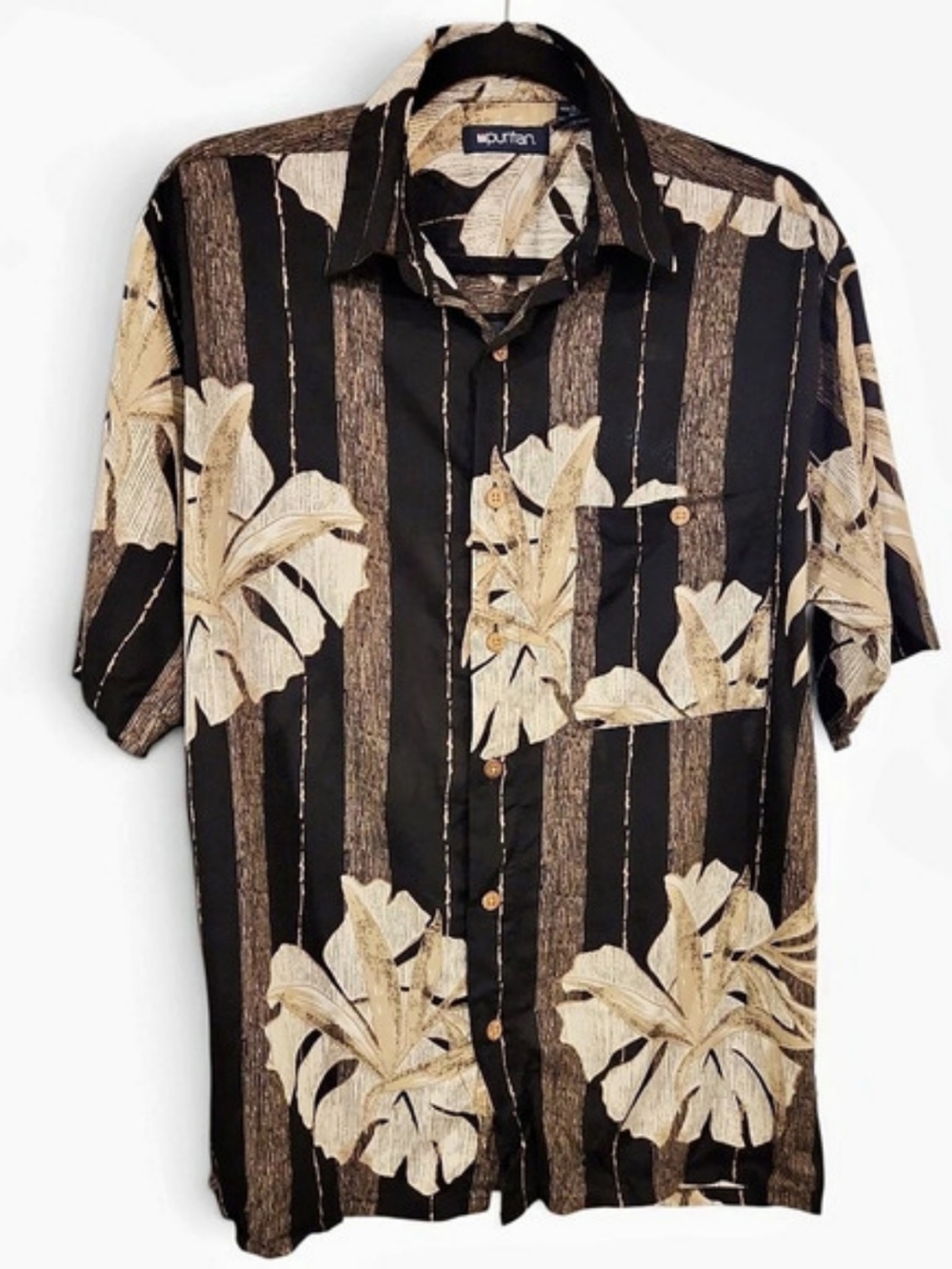 Puritan Tropical Leaf Stripe Button Down Hawaiian Men's Shirt Black/Cream Small